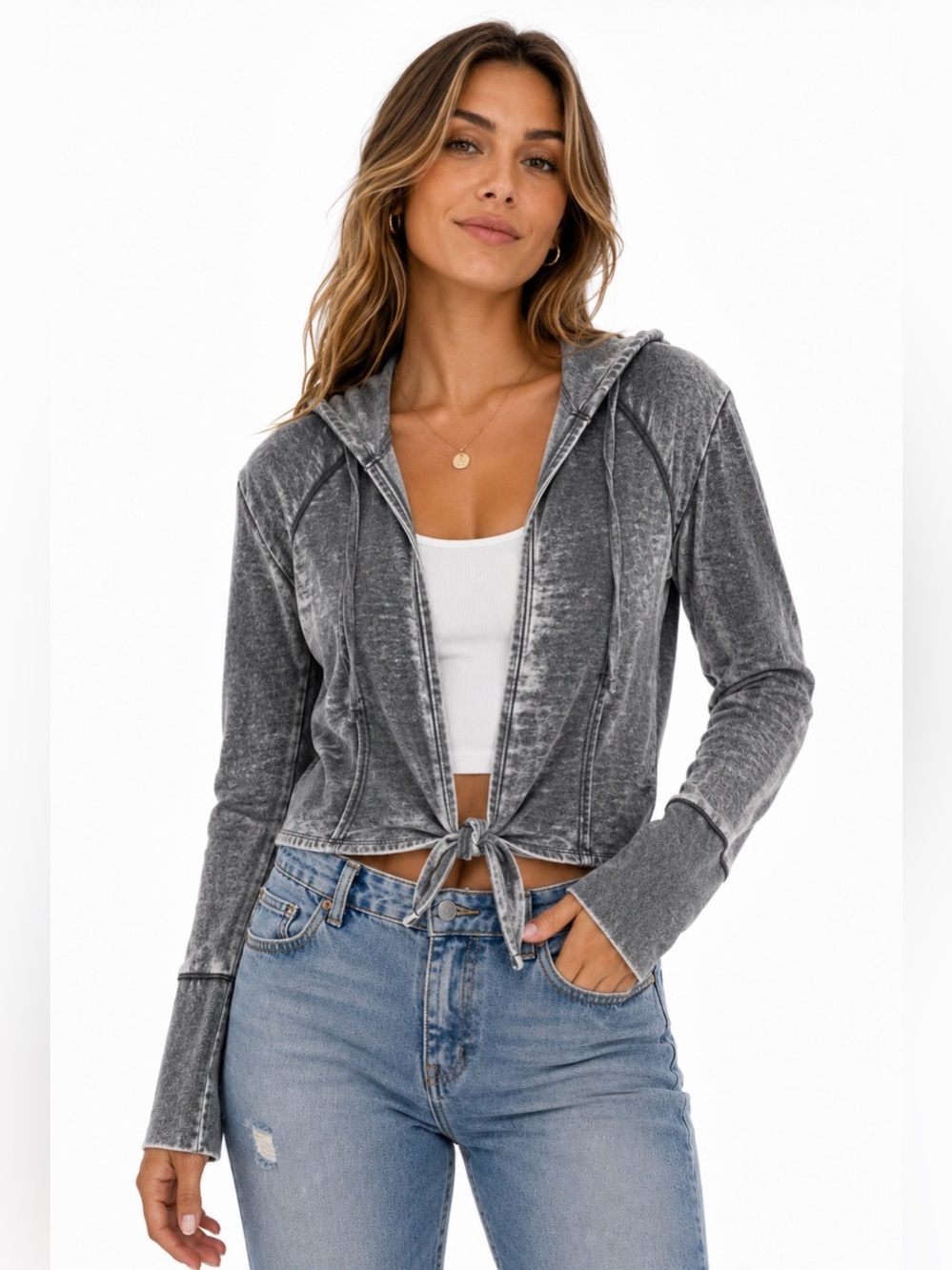 DKNY Gray Tie-Front Cardigan Style Hoodie